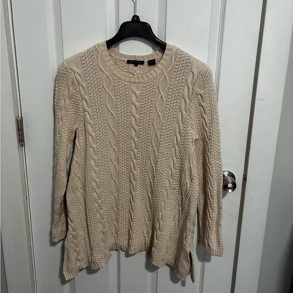 JEANNE PIERRE Cream Cable Knit Crewneck Sweater